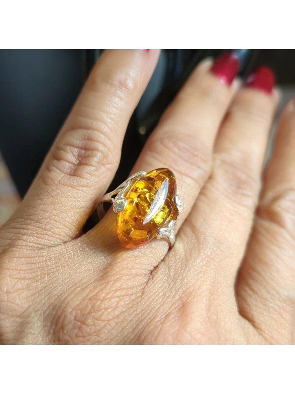 925 Sterling Silver Amber Ring Size 7.5 Natural Stone - Picture 7 of 8